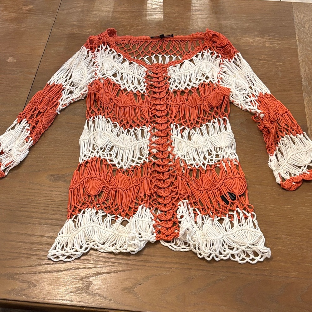 Sioni Orange and White Open-Knit Sweater